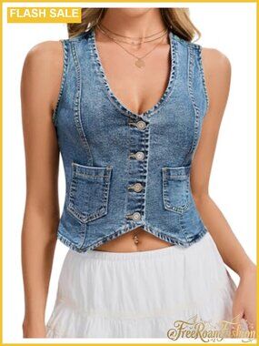 Women's Cropped Denim Vest Sleeveless V Neck Button Down Jean Top Split Hem